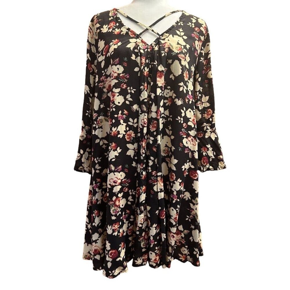 Umgee Women's Floral Bell Sleeve Dress‎ L  Black & Beige